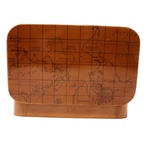 Global World Geographic Map Glossy Wooden Magnetic Trinket Hinged Lined Box - Picture 4 of 8